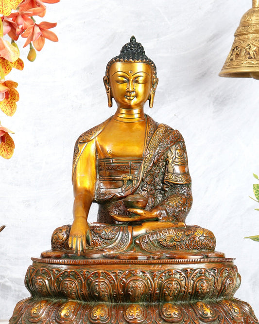 Brass Buddha Statue with Life Story Engravings – antique orange Finish Sculpture (17.5 Inches) - Budhshiv.com