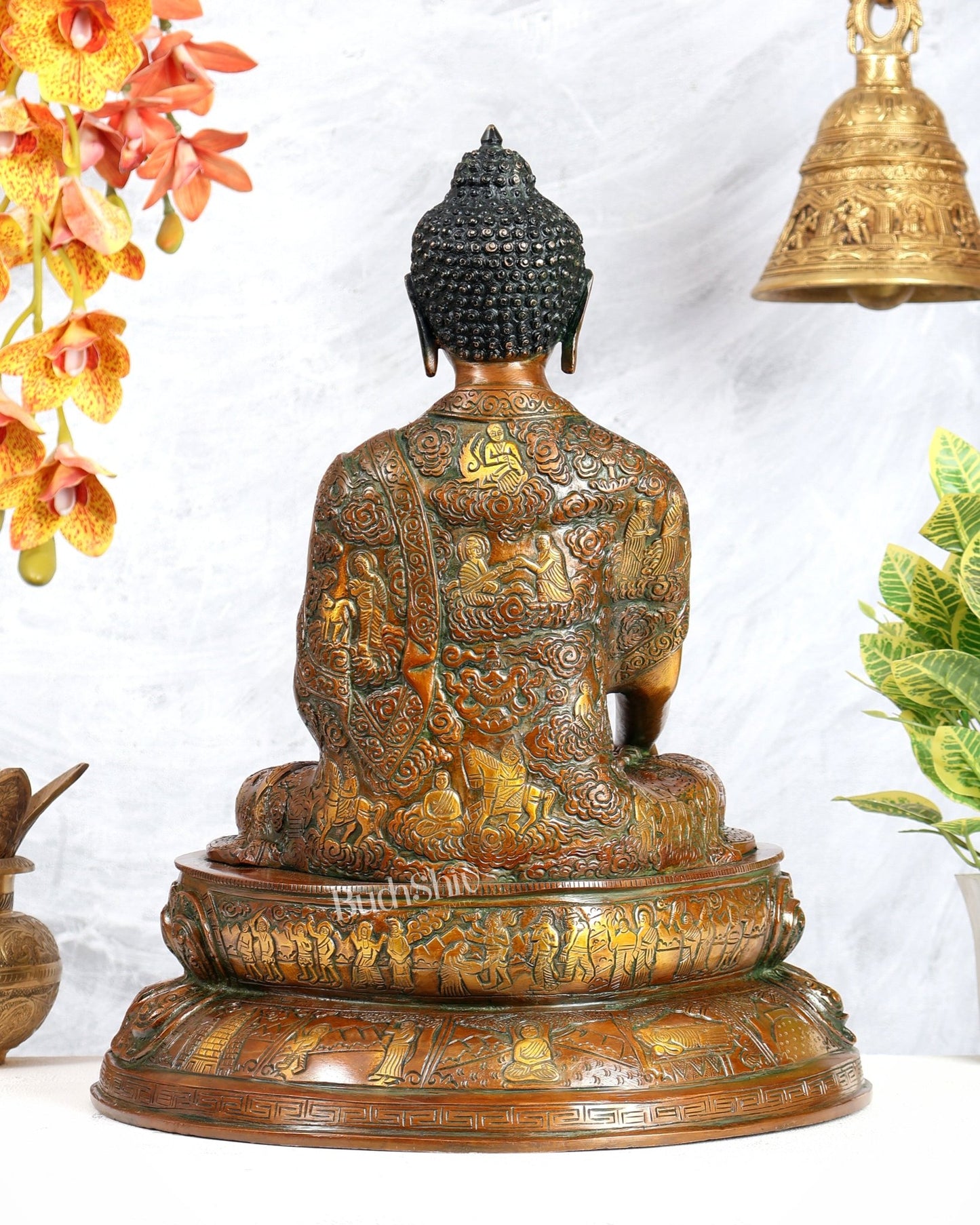 Brass Buddha Statue with Life Story Engravings – antique orange Finish Sculpture (17.5 Inches) - Budhshiv.com