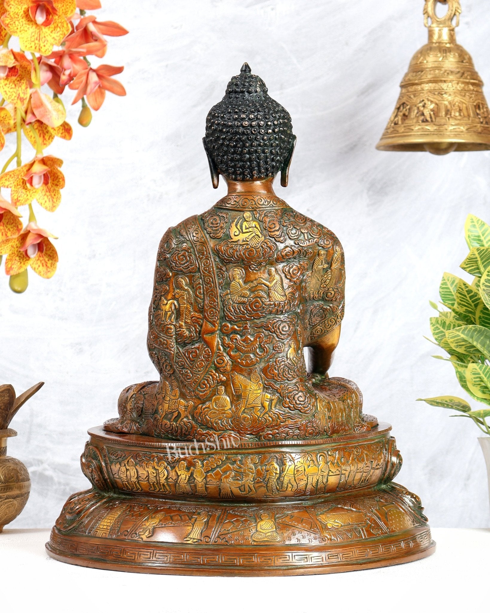 Brass Buddha Statue with Life Story Engravings – antique orange Finish Sculpture (17.5 Inches) - Budhshiv.com