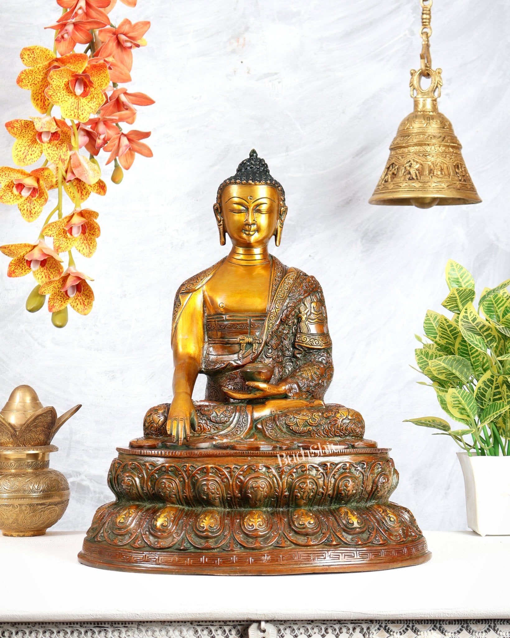Brass Buddha Statue with Life Story Engravings – antique orange Finish Sculpture (17.5 Inches) - Budhshiv.com
