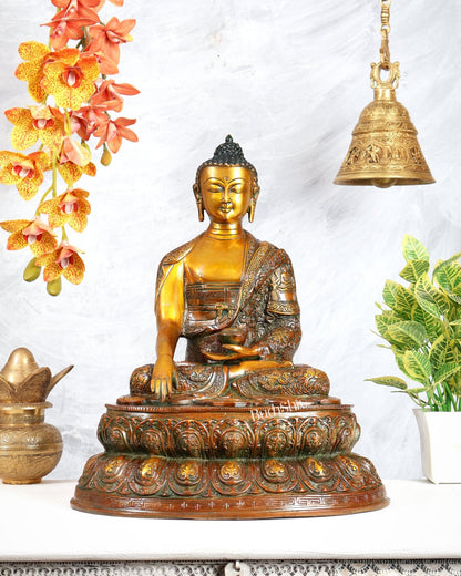 Brass Buddha Statue with Life Story Engravings – antique orange Finish Sculpture (17.5 Inches) - Budhshiv.com