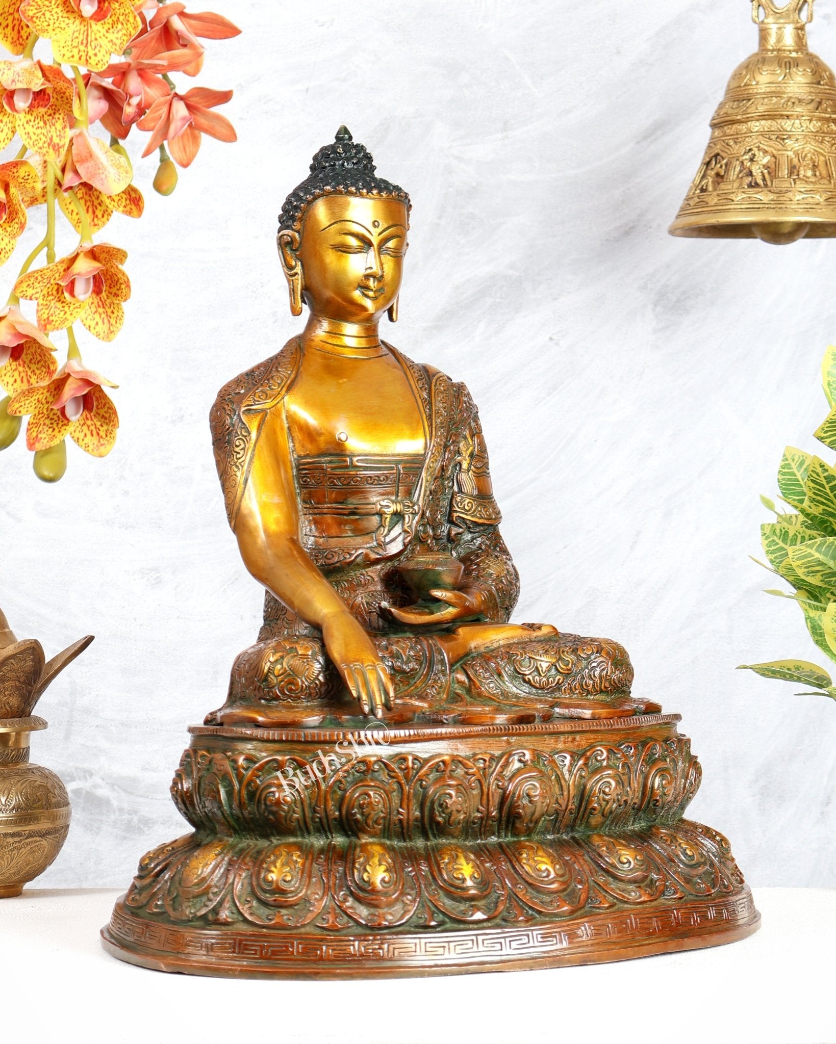 Brass Buddha Statue with Life Story Engravings – antique orange Finish Sculpture (17.5 Inches) - Budhshiv.com