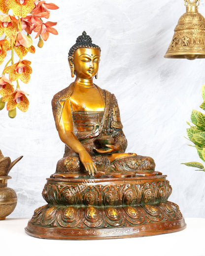Brass Buddha Statue with Life Story Engravings – antique orange Finish Sculpture (17.5 Inches) - Budhshiv.com