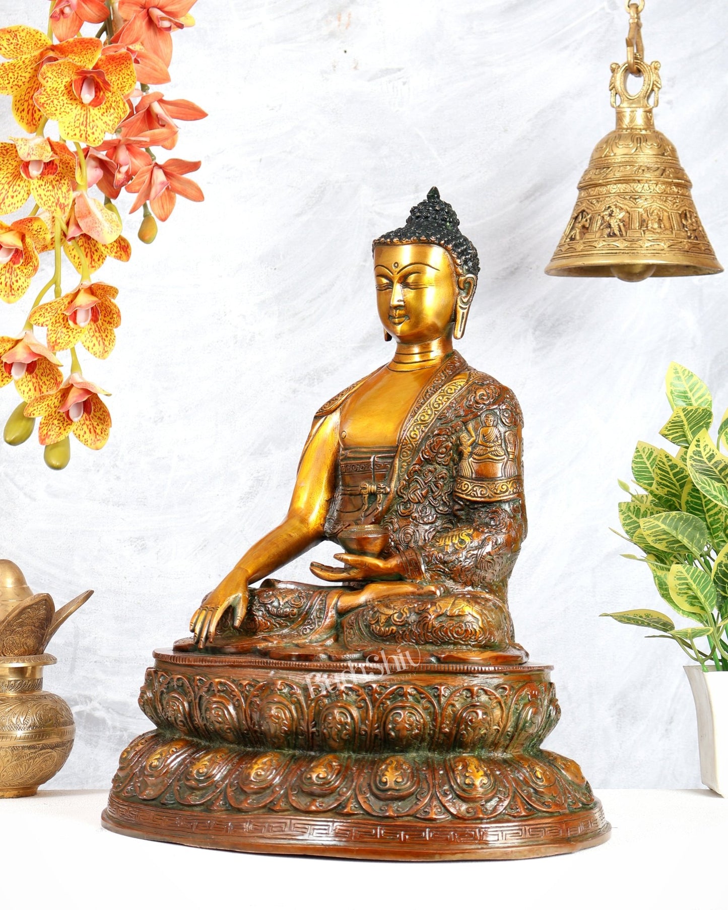 Brass Buddha Statue with Life Story Engravings – antique orange Finish Sculpture (17.5 Inches) - Budhshiv.com