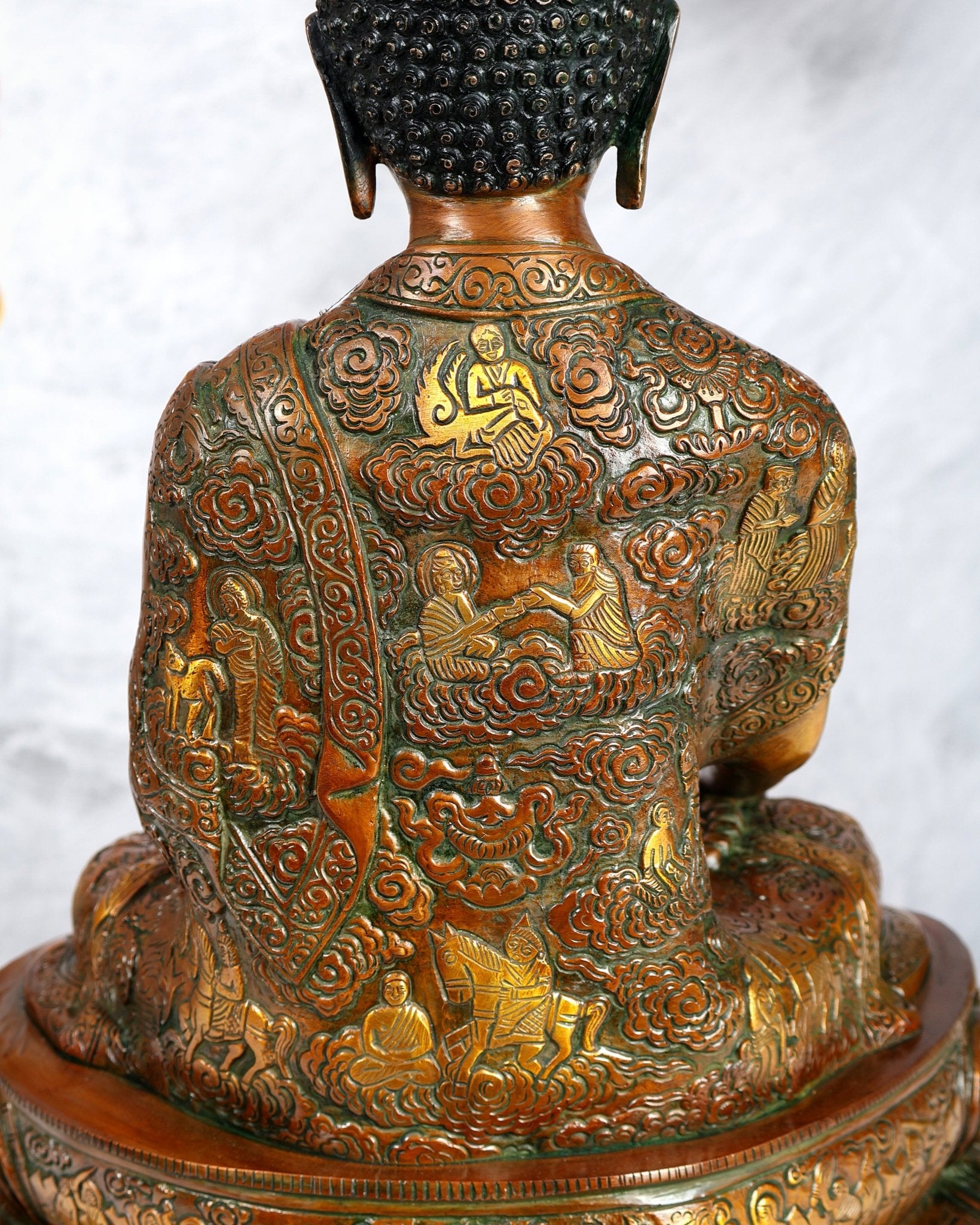 Brass Buddha Statue with Life Story Engravings – antique orange Finish Sculpture (17.5 Inches) - Budhshiv.com