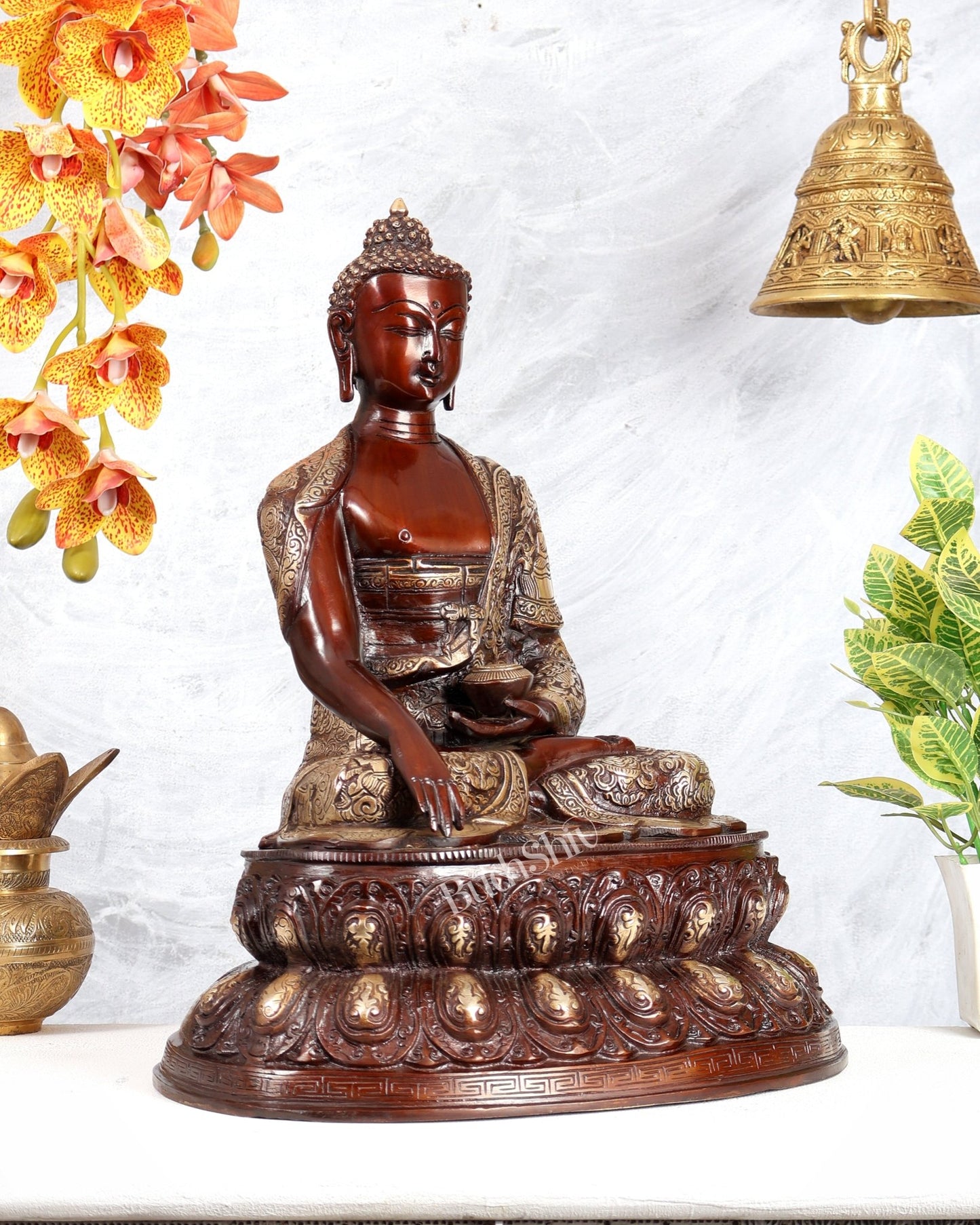 Brass Buddha Statue with Life Story Engravings – Dual Tone Finish Sculpture (17.5 Inches) - Budhshiv.com