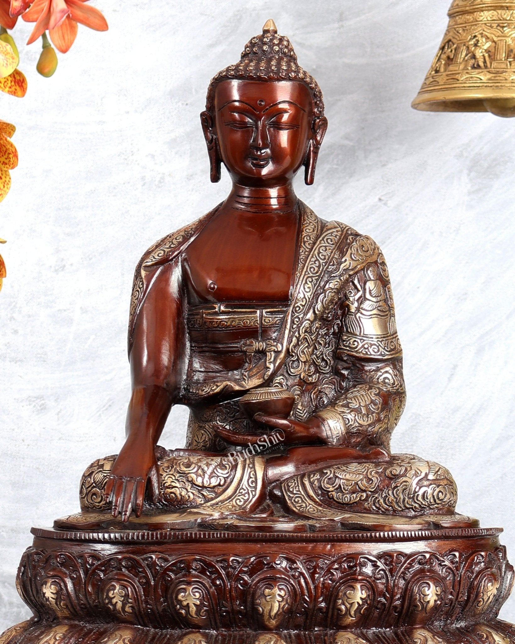 Brass Buddha Statue with Life Story Engravings – Dual Tone Finish Sculpture (17.5 Inches) - Budhshiv.com