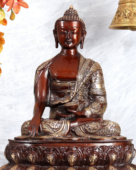 Brass Buddha Statue with Life Story Engravings – Dual Tone Finish Sculpture (17.5 Inches) - Budhshiv.com