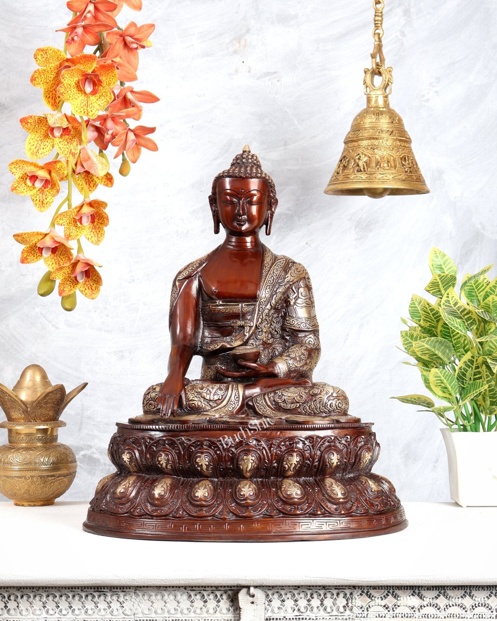 Brass Buddha Statue with Life Story Engravings – Dual Tone Finish Sculpture (17.5 Inches) - Budhshiv.com