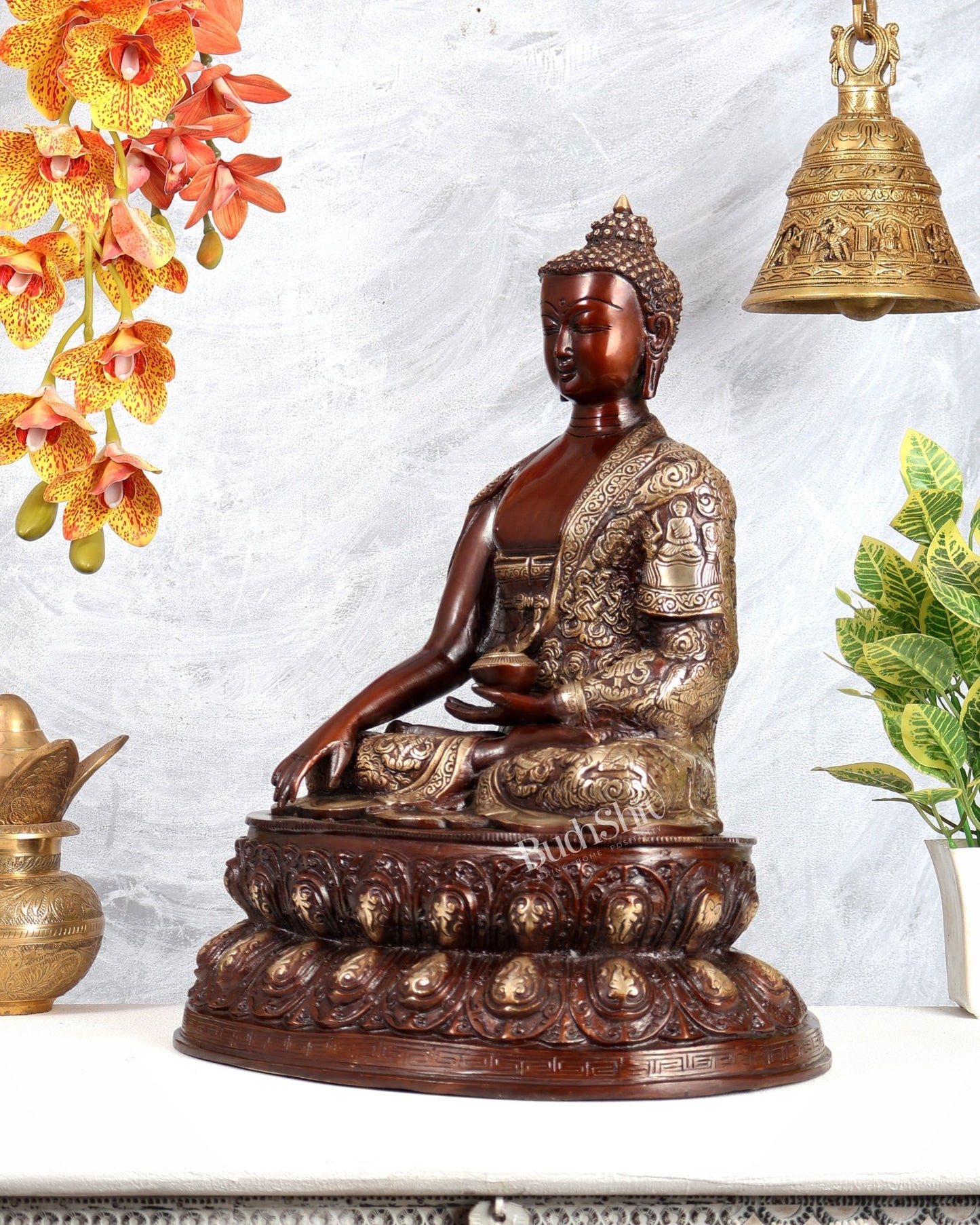 Brass Buddha Statue with Life Story Engravings – Dual Tone Finish Sculpture (17.5 Inches) - Budhshiv.com