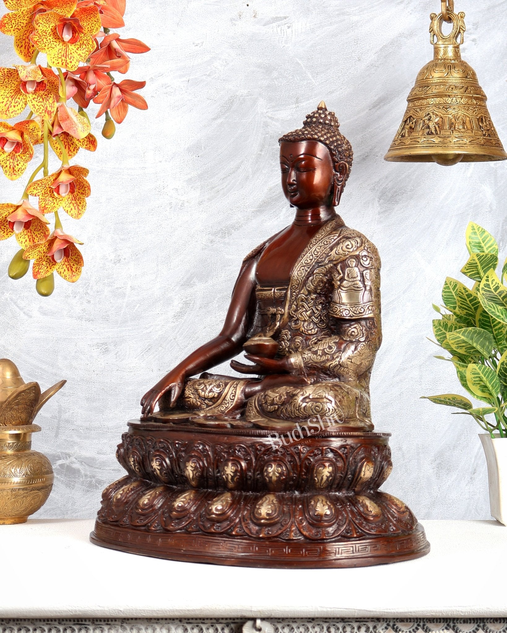 Brass Buddha Statue with Life Story Engravings – Dual Tone Finish Sculpture (17.5 Inches) - Budhshiv.com