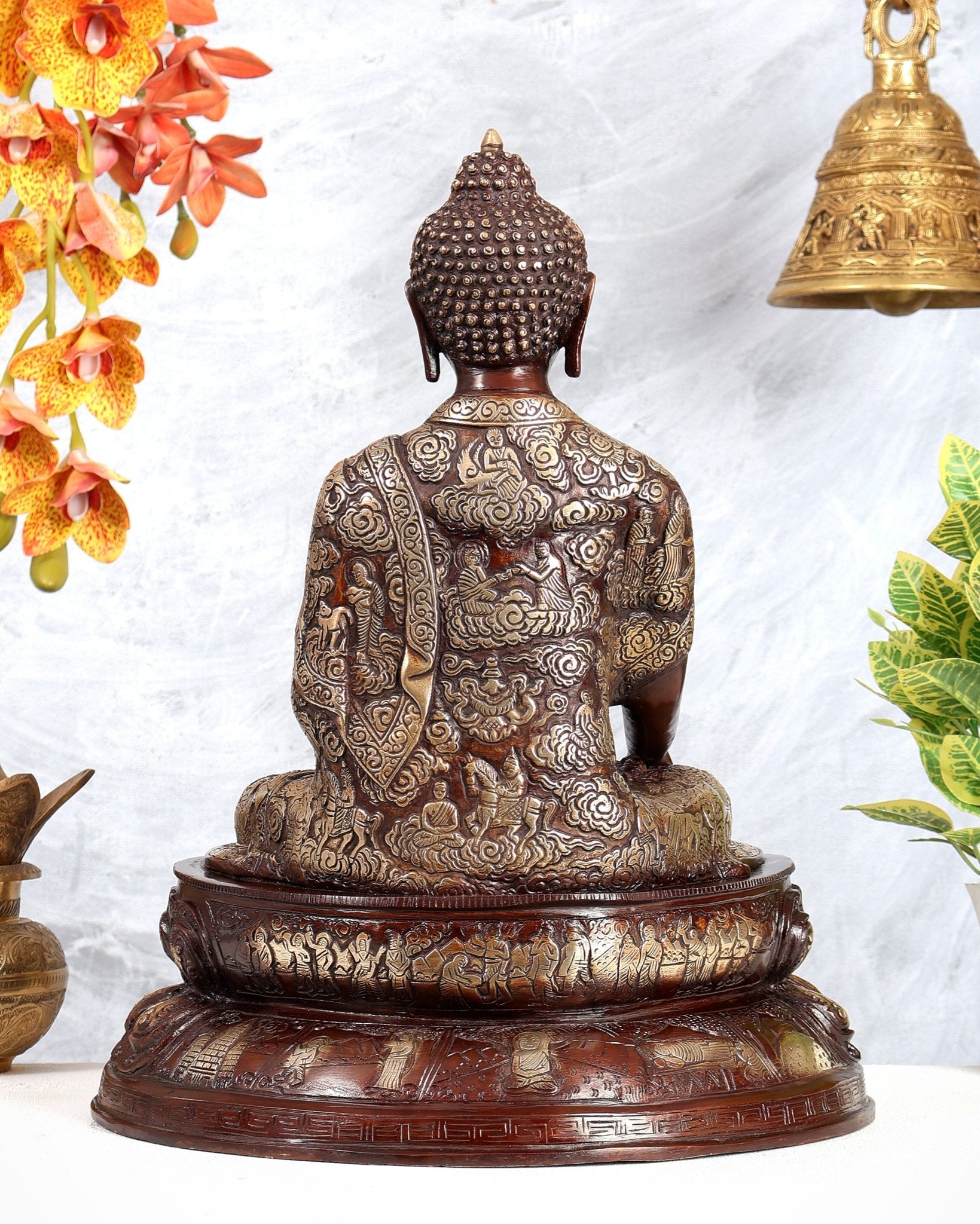 Brass Buddha Statue with Life Story Engravings – Dual Tone Finish Sculpture (17.5 Inches) - Budhshiv.com
