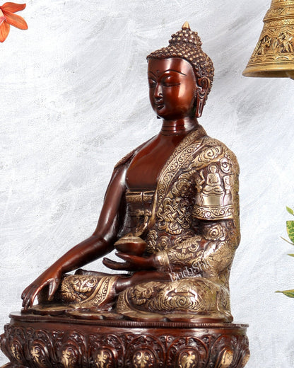 Brass Buddha Statue with Life Story Engravings – Dual Tone Finish Sculpture (17.5 Inches) - Budhshiv.com