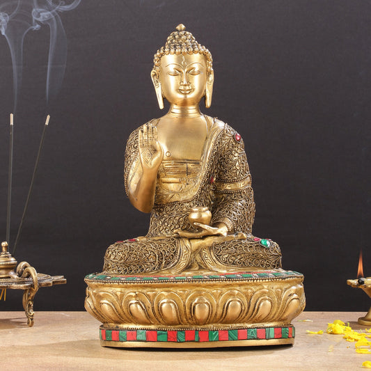 Brass Buddha Statue with Stonework | 12 inch - Budhshiv.com