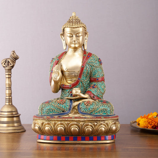 Brass Buddha Statue with Stonework - 12 inch - Budhshiv.com