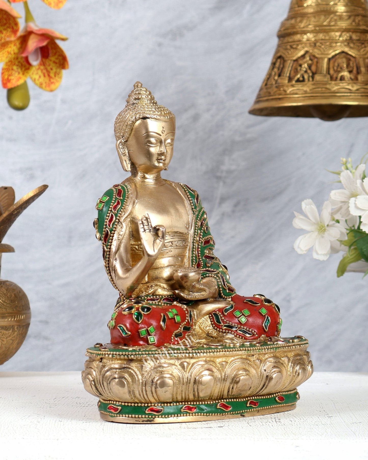 Brass Buddha Statue with Unique Meenakari Work – Handcrafted Decorative & Spiritual Sculpture - Budhshiv.com