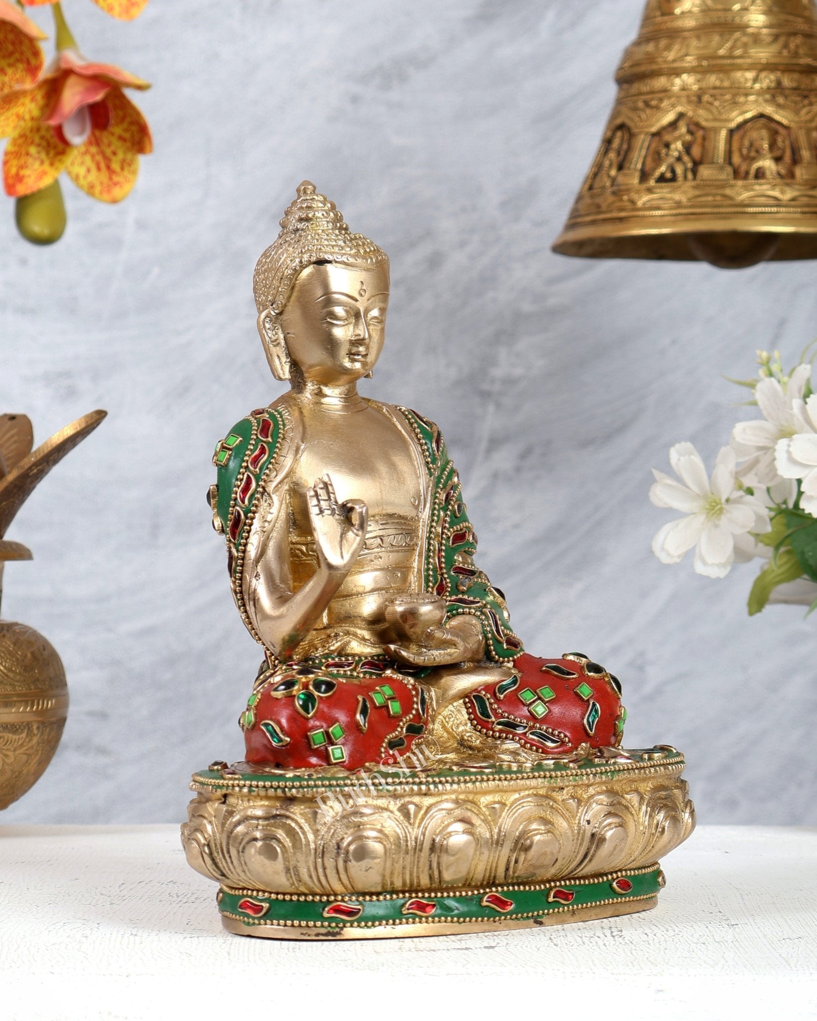 Brass Buddha Statue with Unique Meenakari Work – Handcrafted Decorative & Spiritual Sculpture - Budhshiv.com