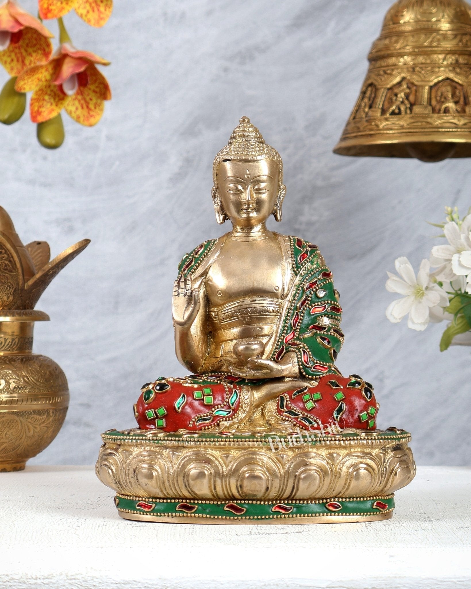 Brass Buddha Statue with Unique Meenakari Work – Handcrafted Decorative & Spiritual Sculpture - Budhshiv.com