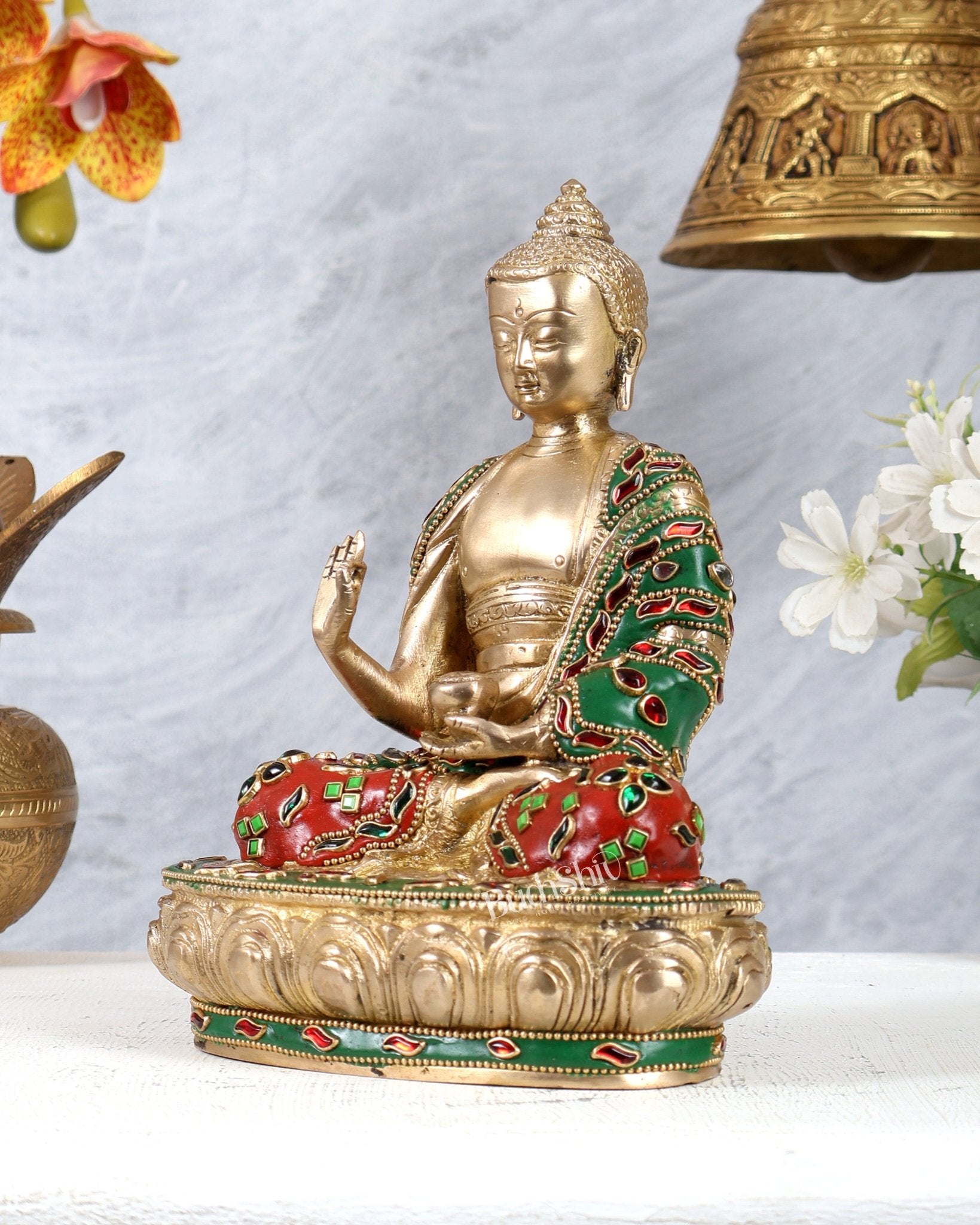 Brass Buddha Statue with Unique Meenakari Work – Handcrafted Decorative & Spiritual Sculpture - Budhshiv.com