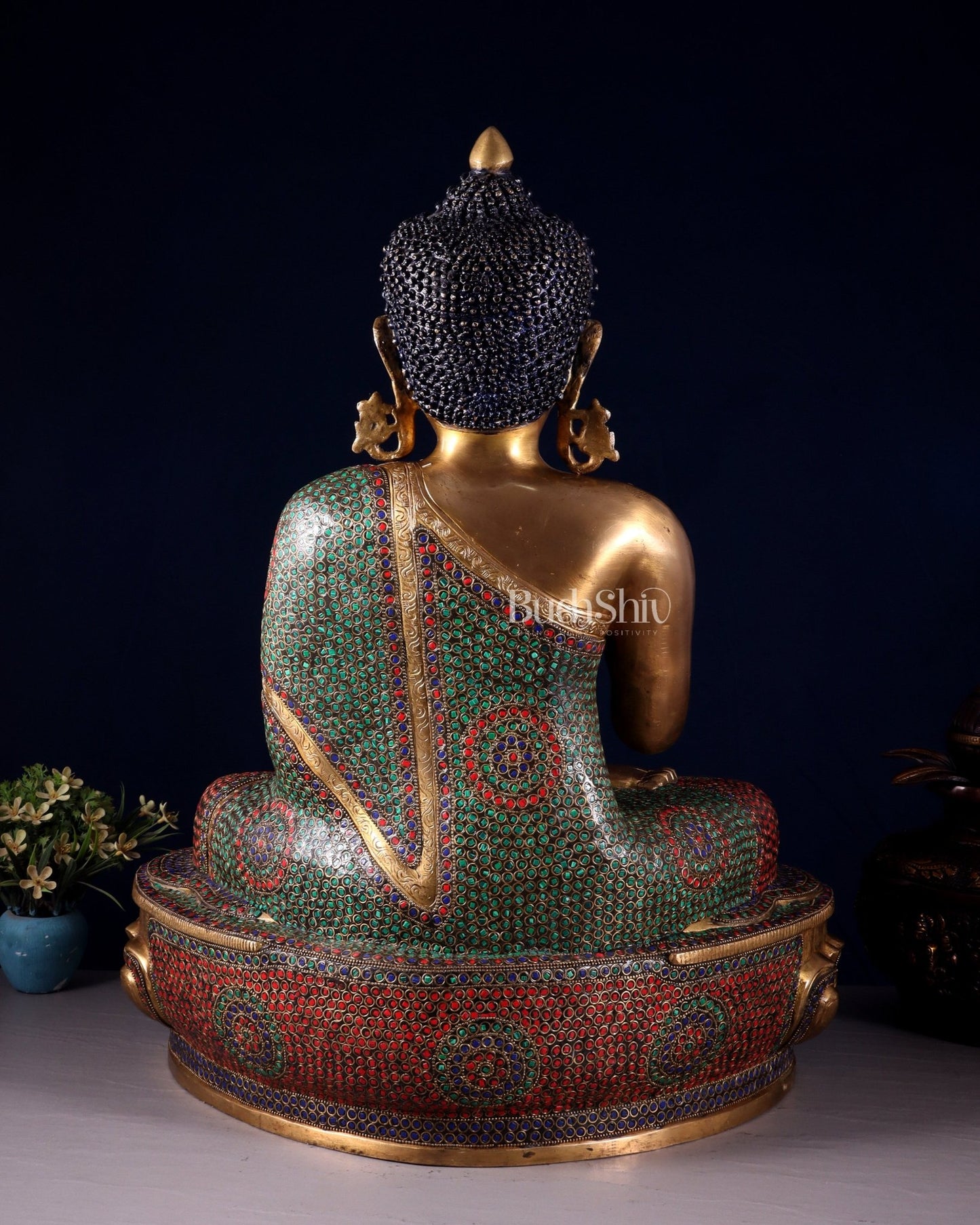 Brass Buddha Statue with Unique Rings and Stonework 23" - Budhshiv.com