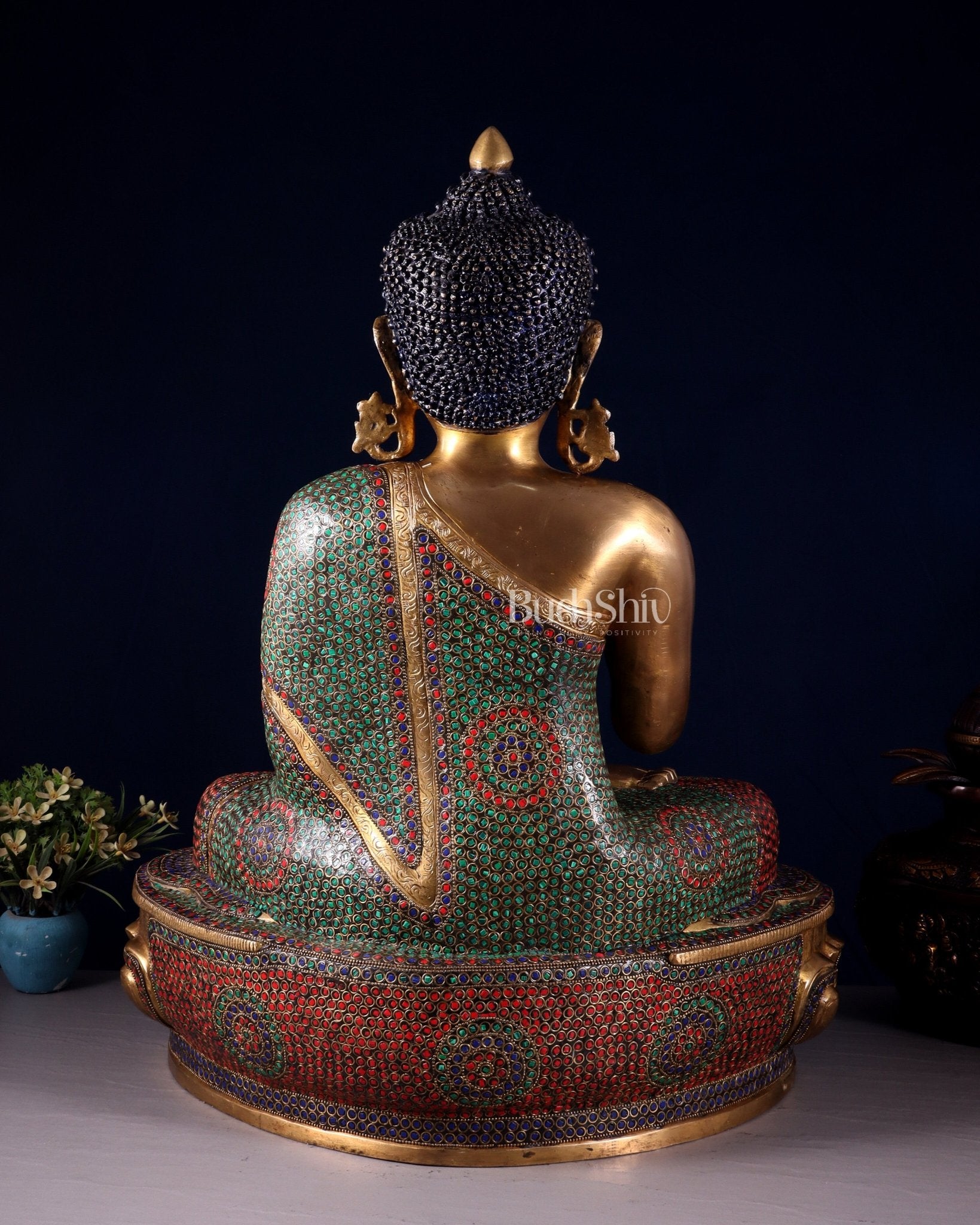 Brass Buddha Statue with Unique Rings and Stonework 23" - Budhshiv.com