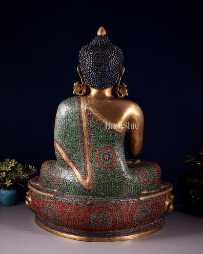 Brass Buddha Statue with Unique Rings and Stonework 23" - Budhshiv.com
