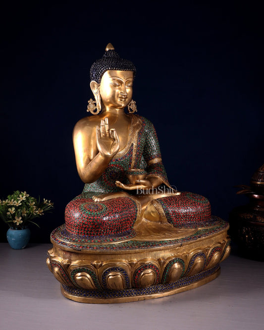 Brass Buddha Statue with Unique Rings and Stonework 23" - Budhshiv.com