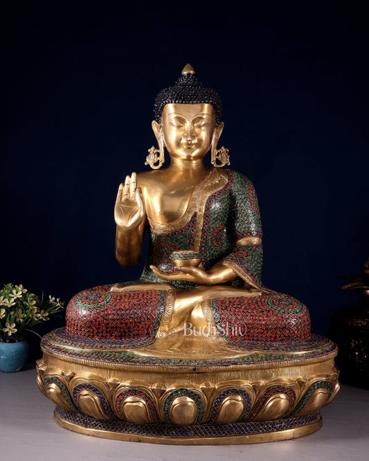 Brass Buddha Statue with Unique Rings and Stonework 23" - Budhshiv.com