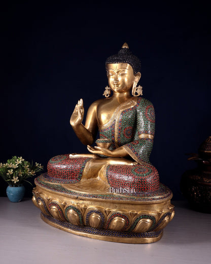 Brass Buddha Statue with Unique Rings and Stonework 23" - Budhshiv.com
