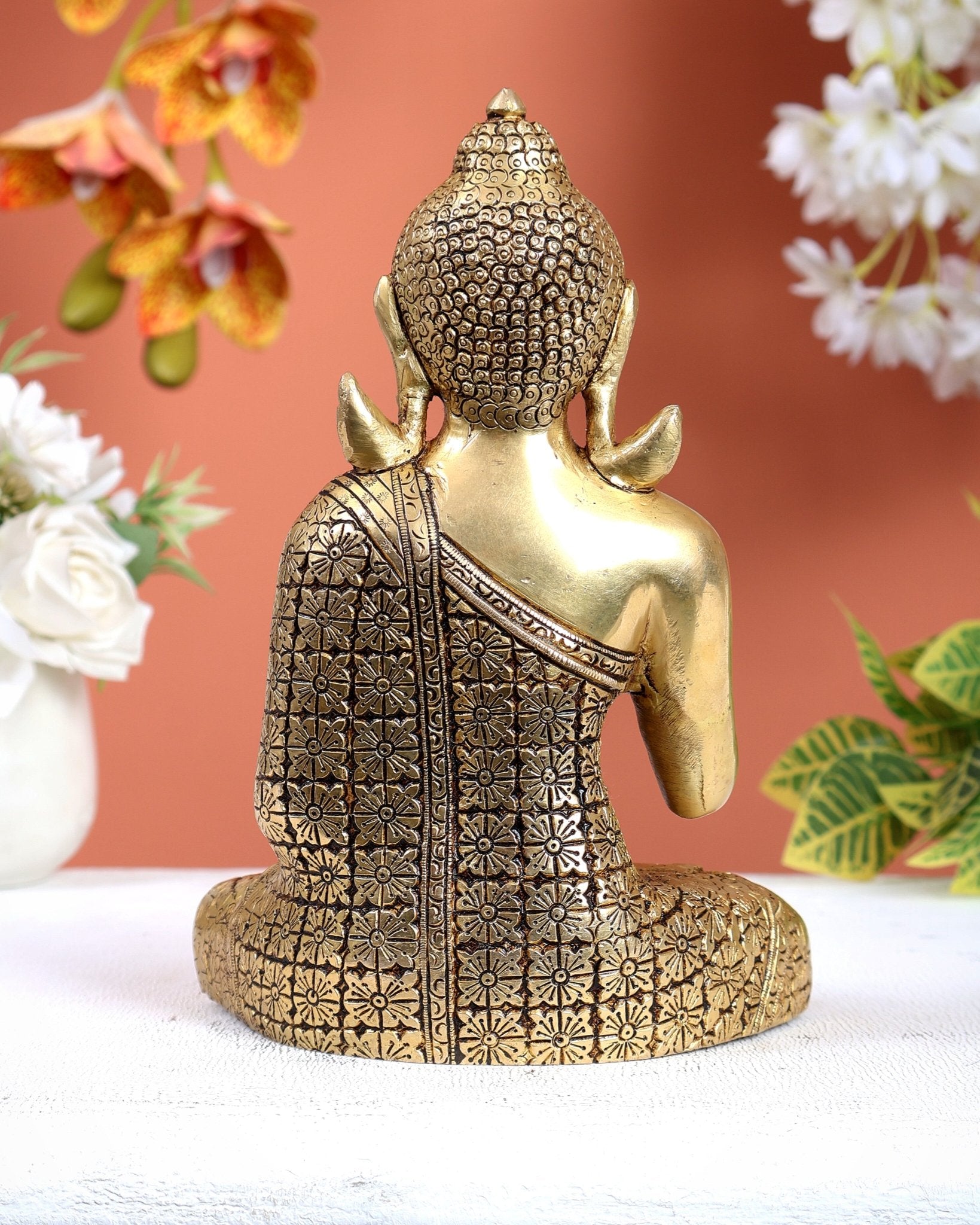 Brass Buddha Superfine Statue | 8" Floral carvings - Budhshiv.com
