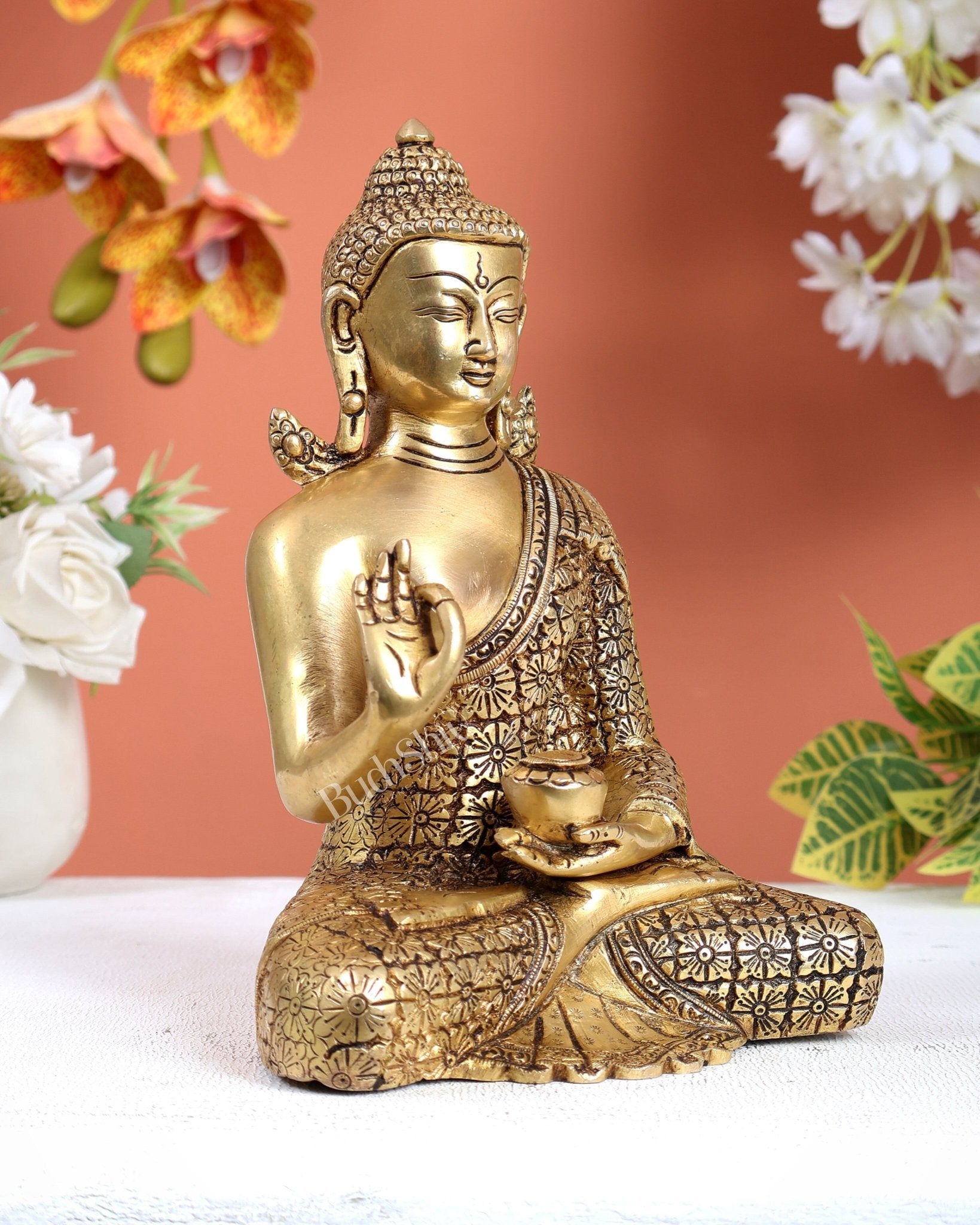 Brass Buddha Superfine Statue | 8" Floral carvings - Budhshiv.com