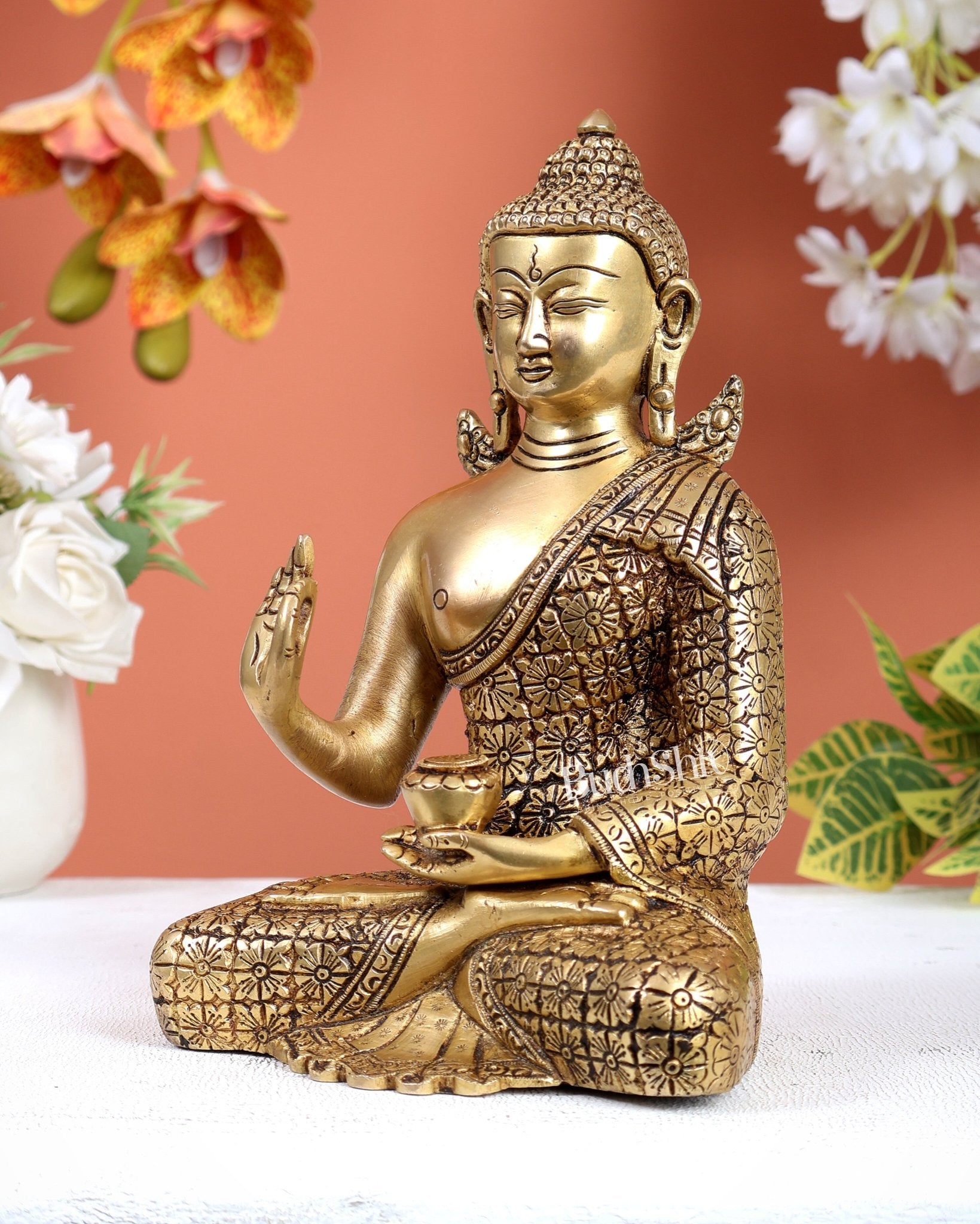 Brass Buddha Superfine Statue | 8" Floral carvings - Budhshiv.com