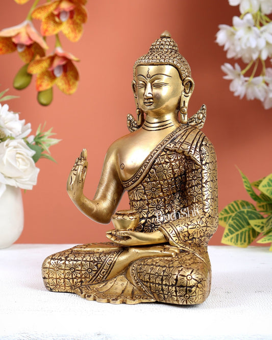 Brass Buddha Superfine Statue | 8" Floral carvings - Budhshiv.com