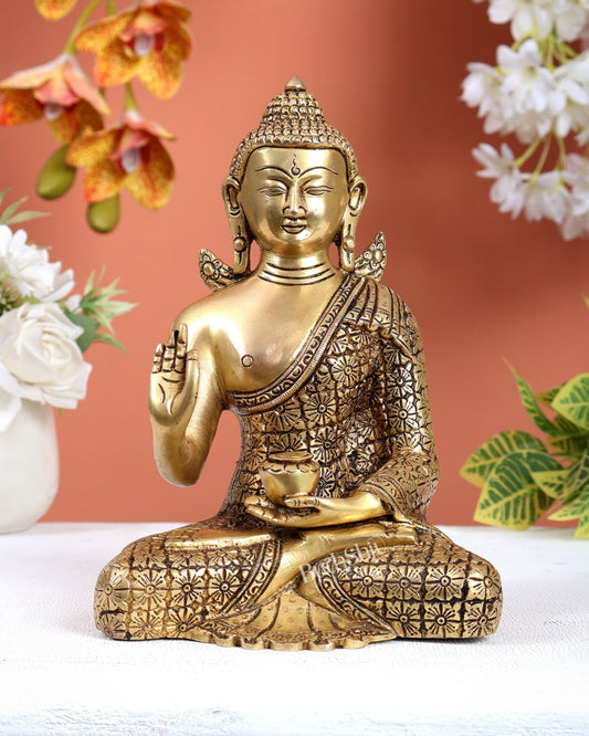 Brass Buddha Superfine Statue | 8" Floral carvings - Budhshiv.com