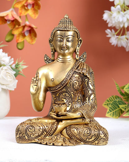 Brass Buddha Superfine Statue | 8" Fully Carved, 2.39 kg - Budhshiv.com