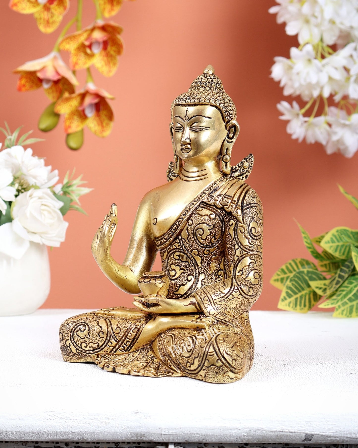 Brass Buddha Superfine Statue | 8" Fully Carved, 2.39 kg - Budhshiv.com