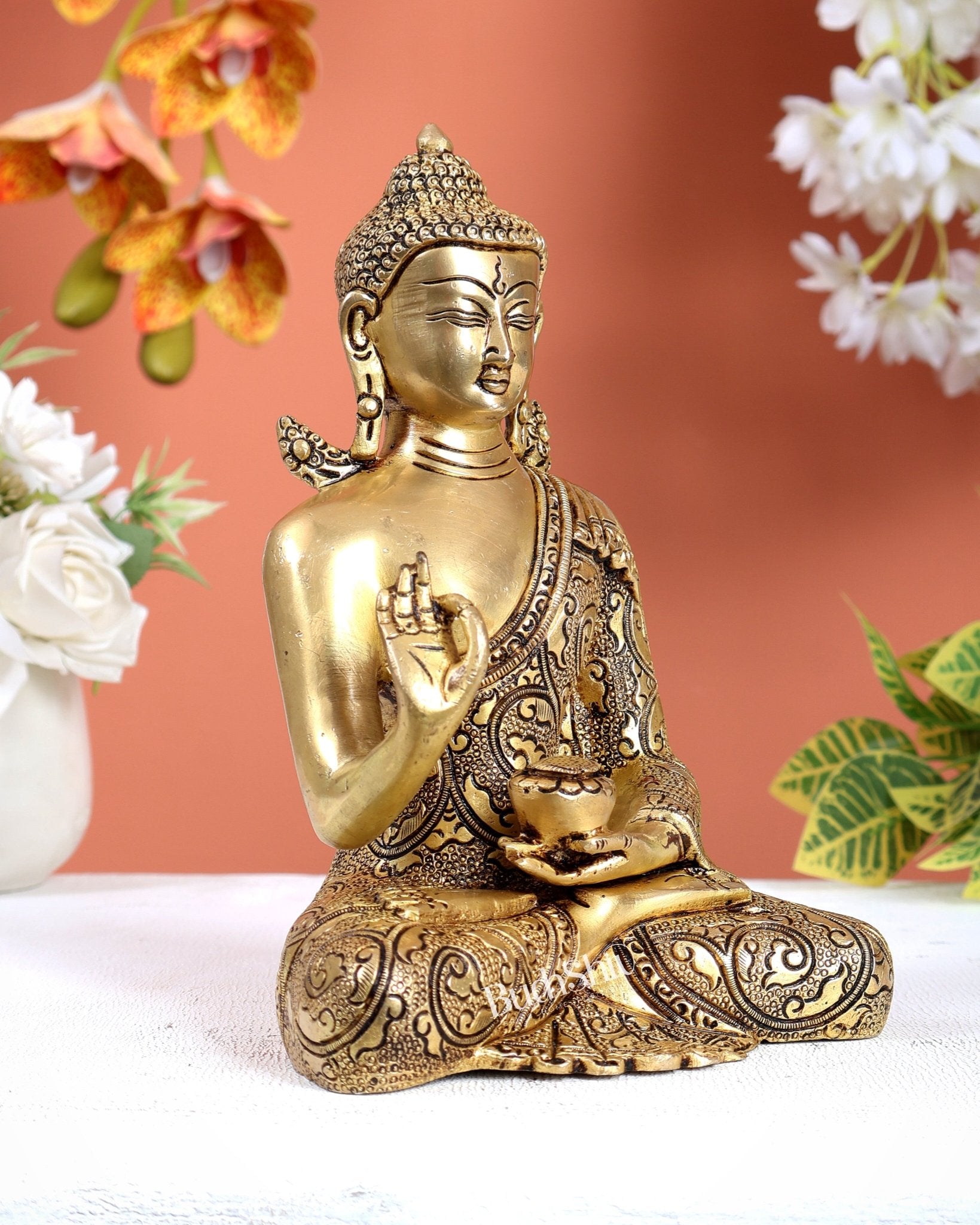Brass Buddha Superfine Statue | 8" Fully Carved, 2.39 kg - Budhshiv.com