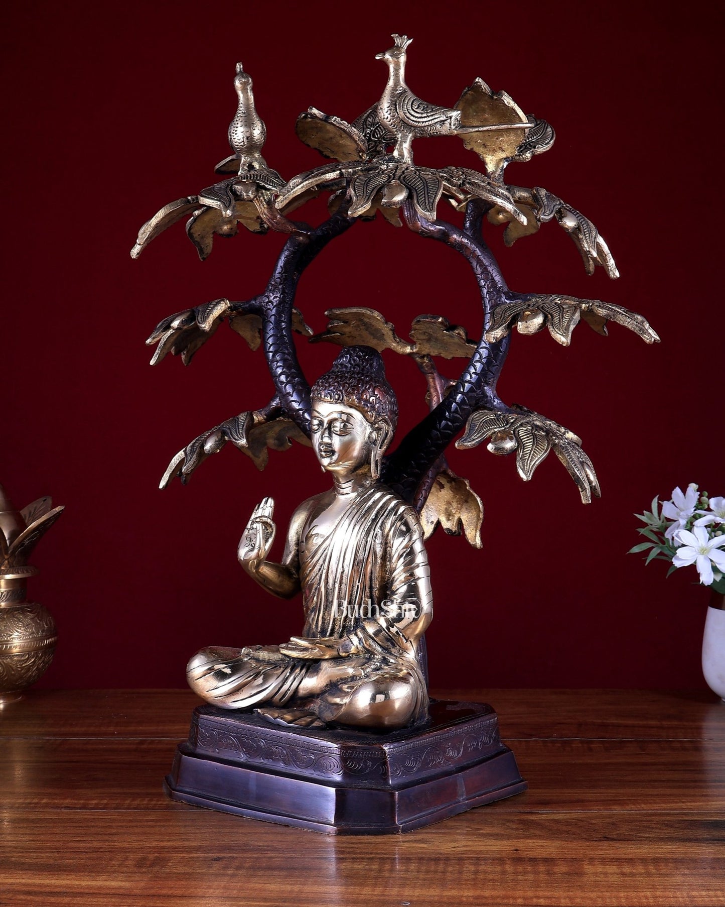 Brass Buddha Under Tree Statue 18 inch - Budhshiv.com