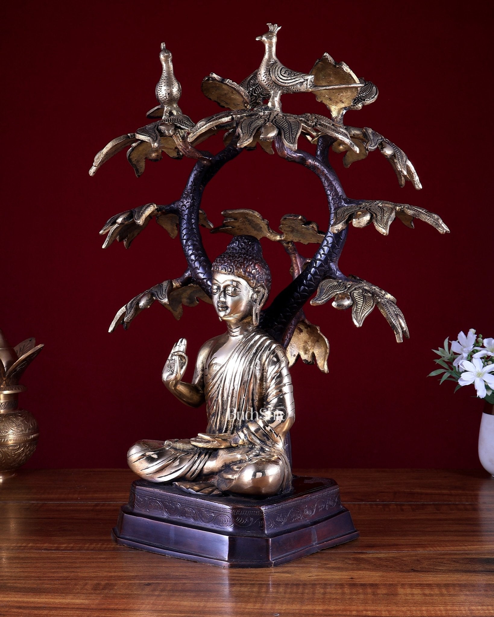 Brass Buddha Under Tree Statue 18 inch - Budhshiv.com