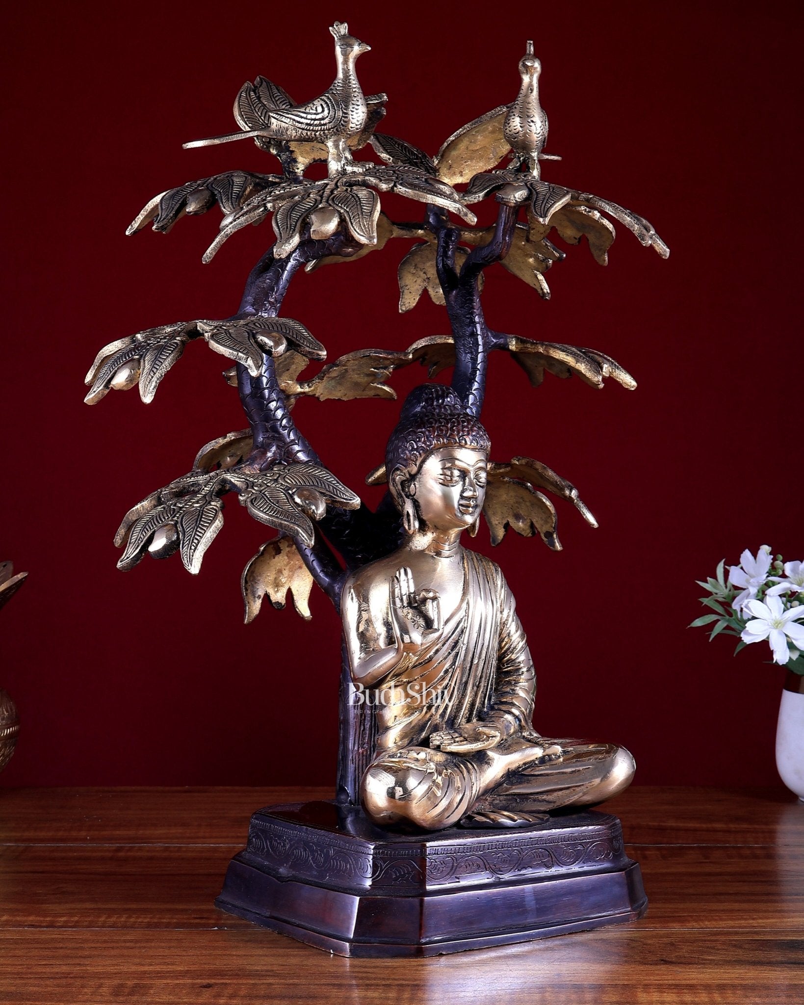 Brass Buddha Under Tree Statue 18 inch - Budhshiv.com