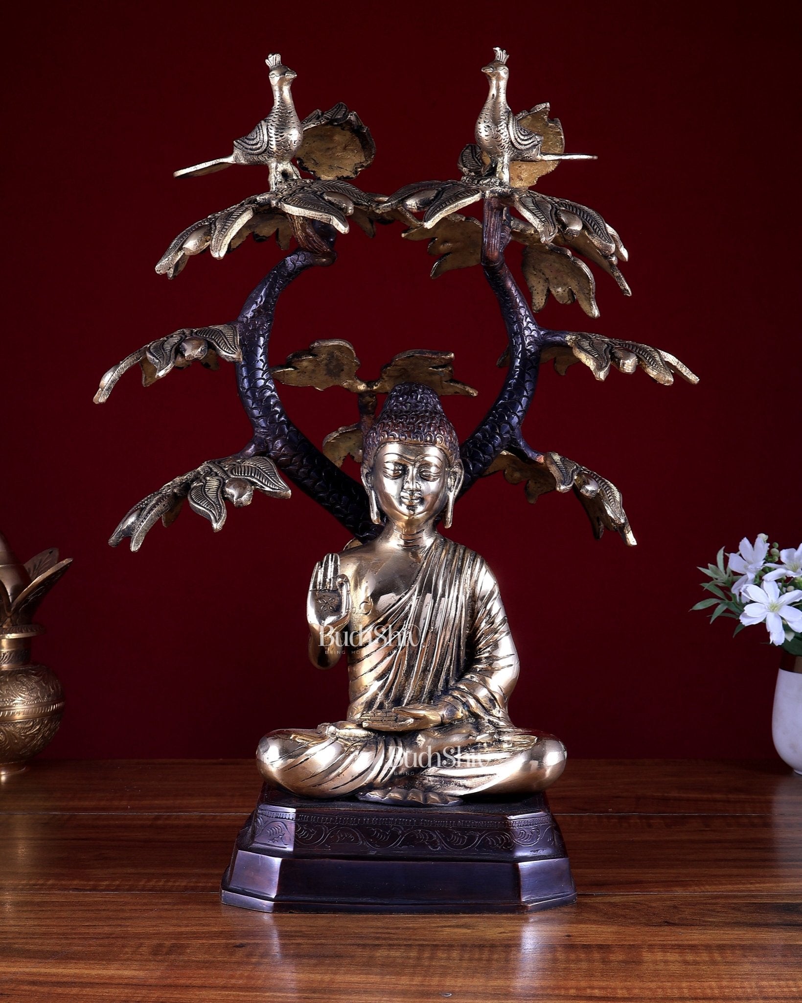 Brass Buddha Under Tree Statue 18 inch - Budhshiv.com
