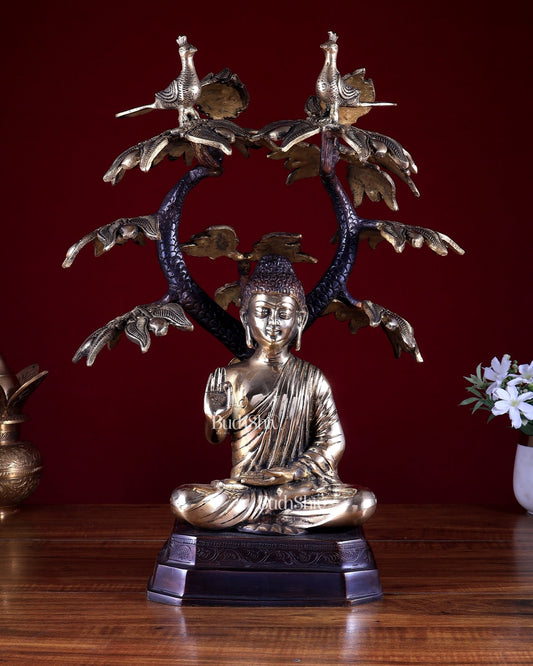 Brass Buddha Under Tree Statue 18 inch - Budhshiv.com