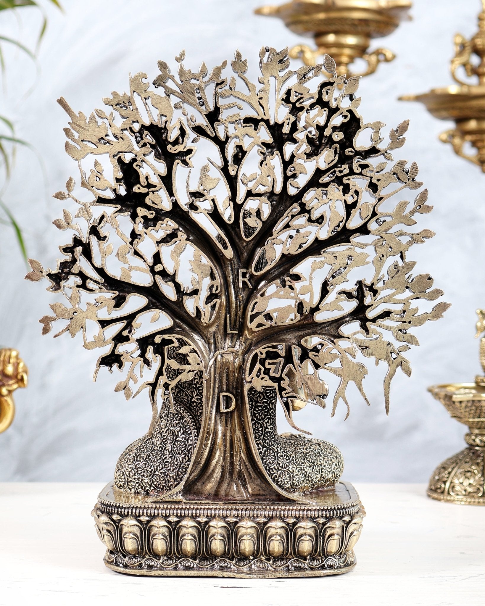 Brass Buddha with Bodhi Tree Sculpture | Enlightenment Buddha Statue 10" - Budhshiv.com