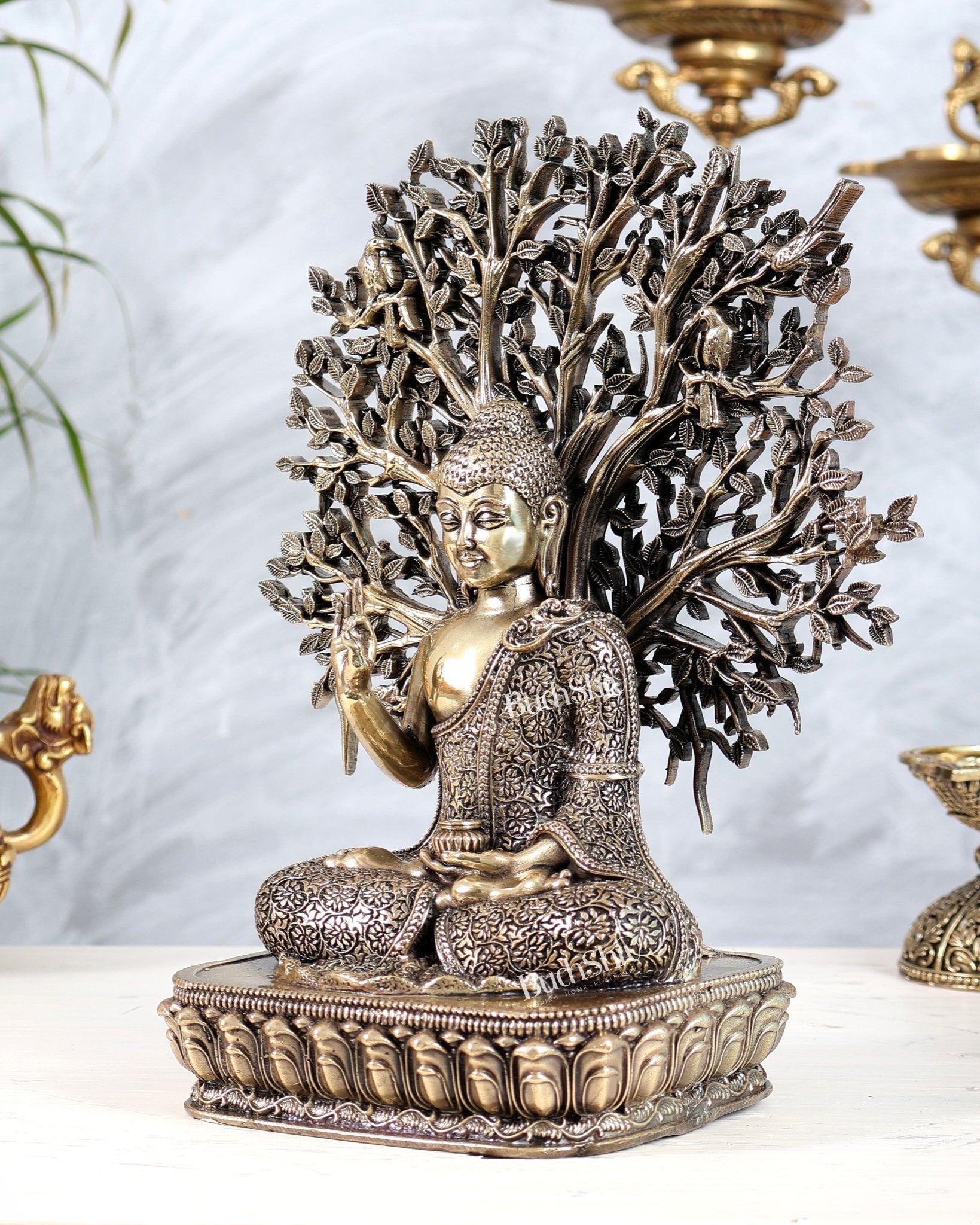 Brass Buddha with Bodhi Tree Sculpture | Enlightenment Buddha Statue 10" - Budhshiv.com
