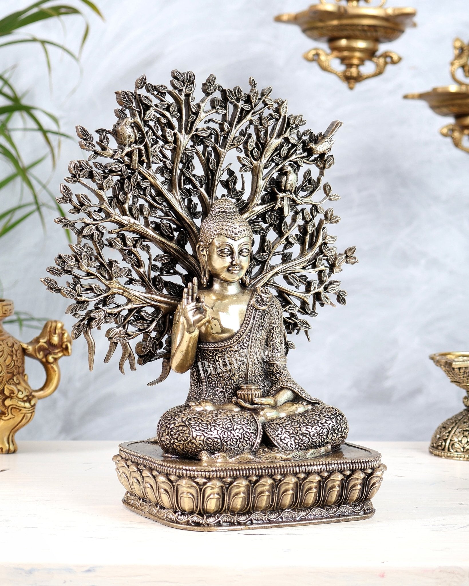 Brass Buddha with Bodhi Tree Sculpture | Enlightenment Buddha Statue 10" - Budhshiv.com
