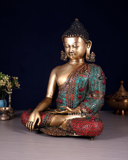 Brass Buddha with copper wire tibetan stonework Statue | 14 inch - Budhshiv.com