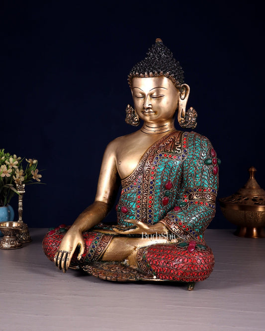 Brass Buddha with copper wire tibetan stonework Statue | 14 inch - Budhshiv.com