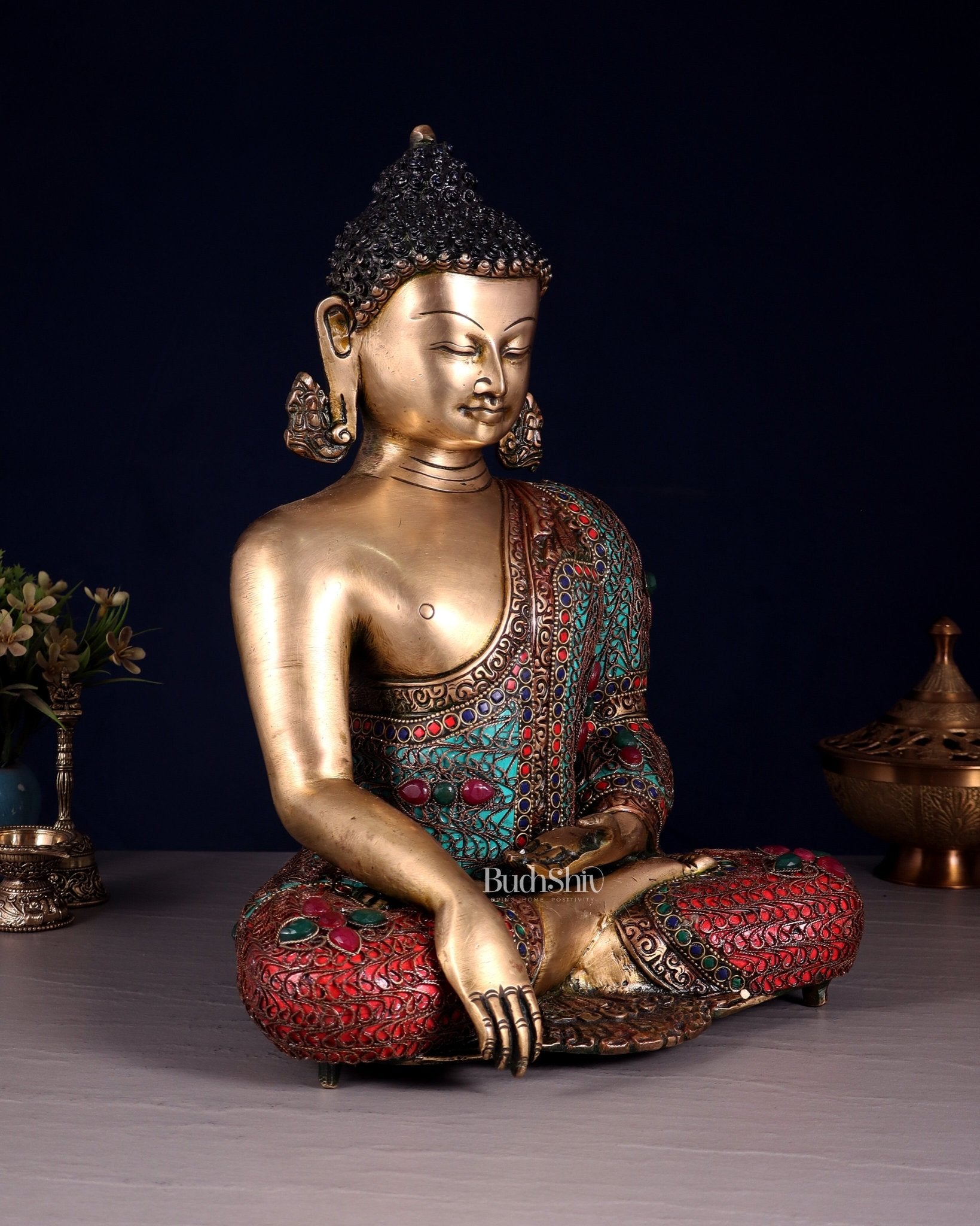 Brass Buddha with copper wire tibetan stonework Statue | 14 inch - Budhshiv.com