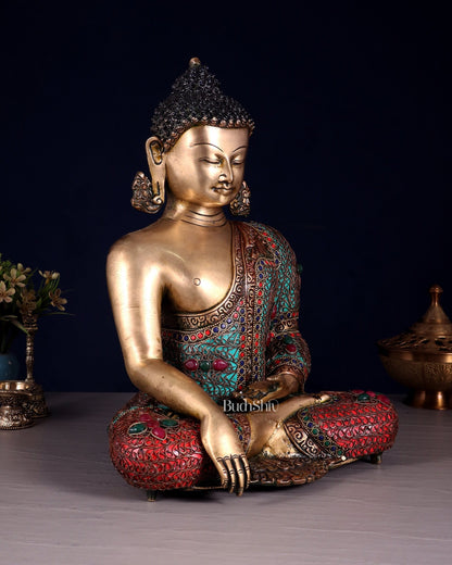 Brass Buddha with copper wire tibetan stonework Statue | 14 inch - Budhshiv.com