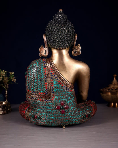 Brass Buddha with copper wire tibetan stonework Statue | 14 inch - Budhshiv.com